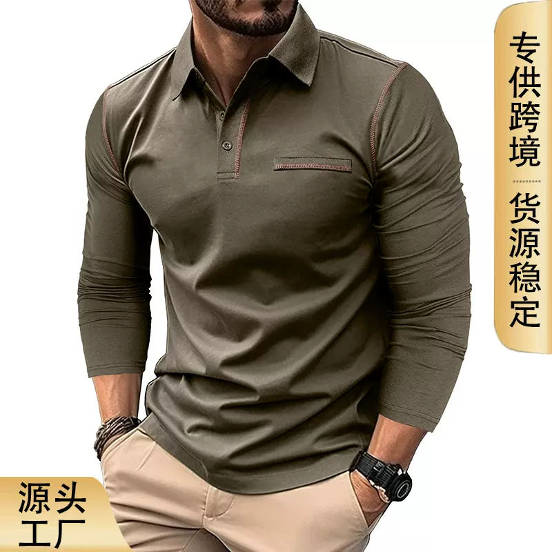 2025秋冬外贸男士长袖polo衫 跨境欧美男装翻领t恤亚马逊马球服男