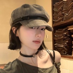 日系复古皮带扣麂皮贝雷帽女文艺百搭大头围显脸小云朵画家帽子潮