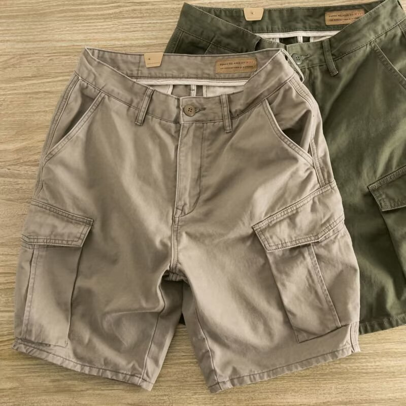 Summer Trendy Brand Cargo Shorts for Men, Japanese Style Loose Retro Distressed Casual Knee-Length Shorts for Men, Fashionable Mid-Length Shorts for Outdoor Wear