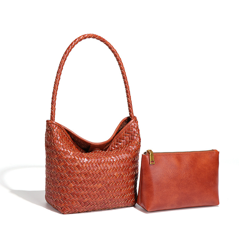 Vacation Lazy Style Retro Casual Hand-Woven Bucket Bag, Handheld Market Basket Bag, Single Shoulder Underarm Bag - Thumbnail 5