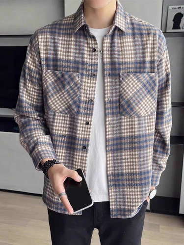 New trendy versatile effortless Japanese blue checkered faux fur digital double pocket jacket Harajuku popular literary Instagram
