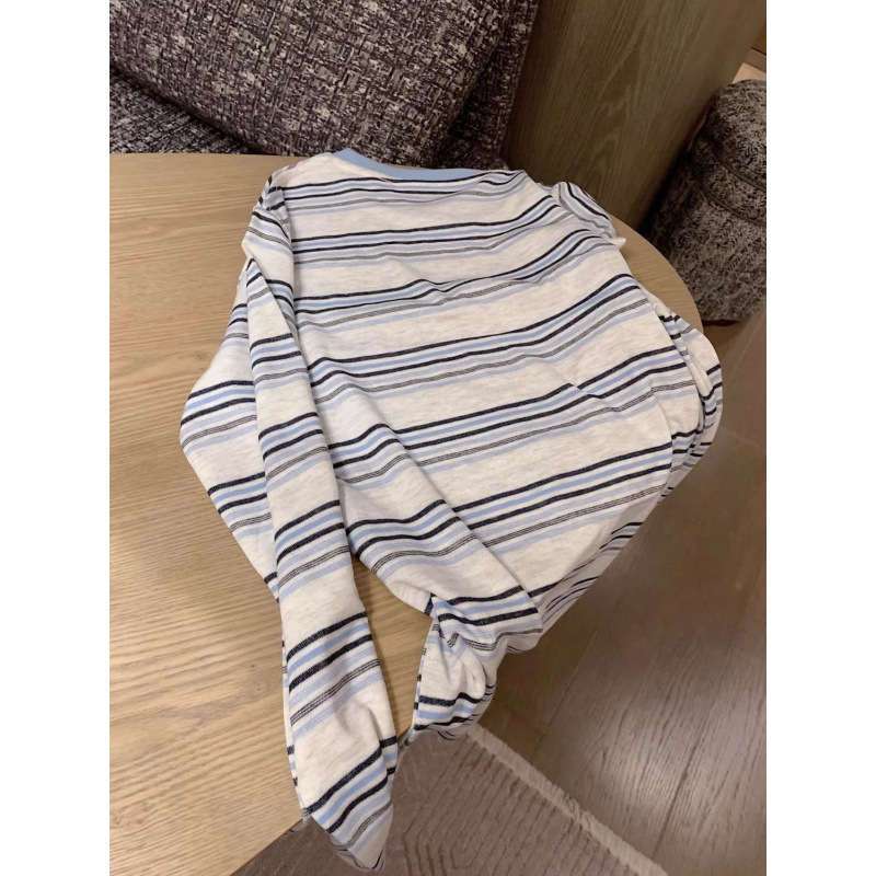 ファッショナブルな年齢を減らすストライプキティ猫長袖 Tシャツ女性の夏薄いわずかに透けるルーズ日焼け止めブラウス女性のトップ|undefined
