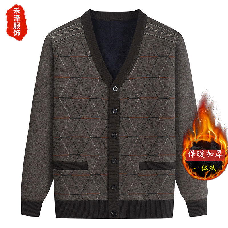中高年の父とベルベットのセーターとニットの老人の男性服秋冬保温コートのおじいさんのカーディガンは服を厚くします。
