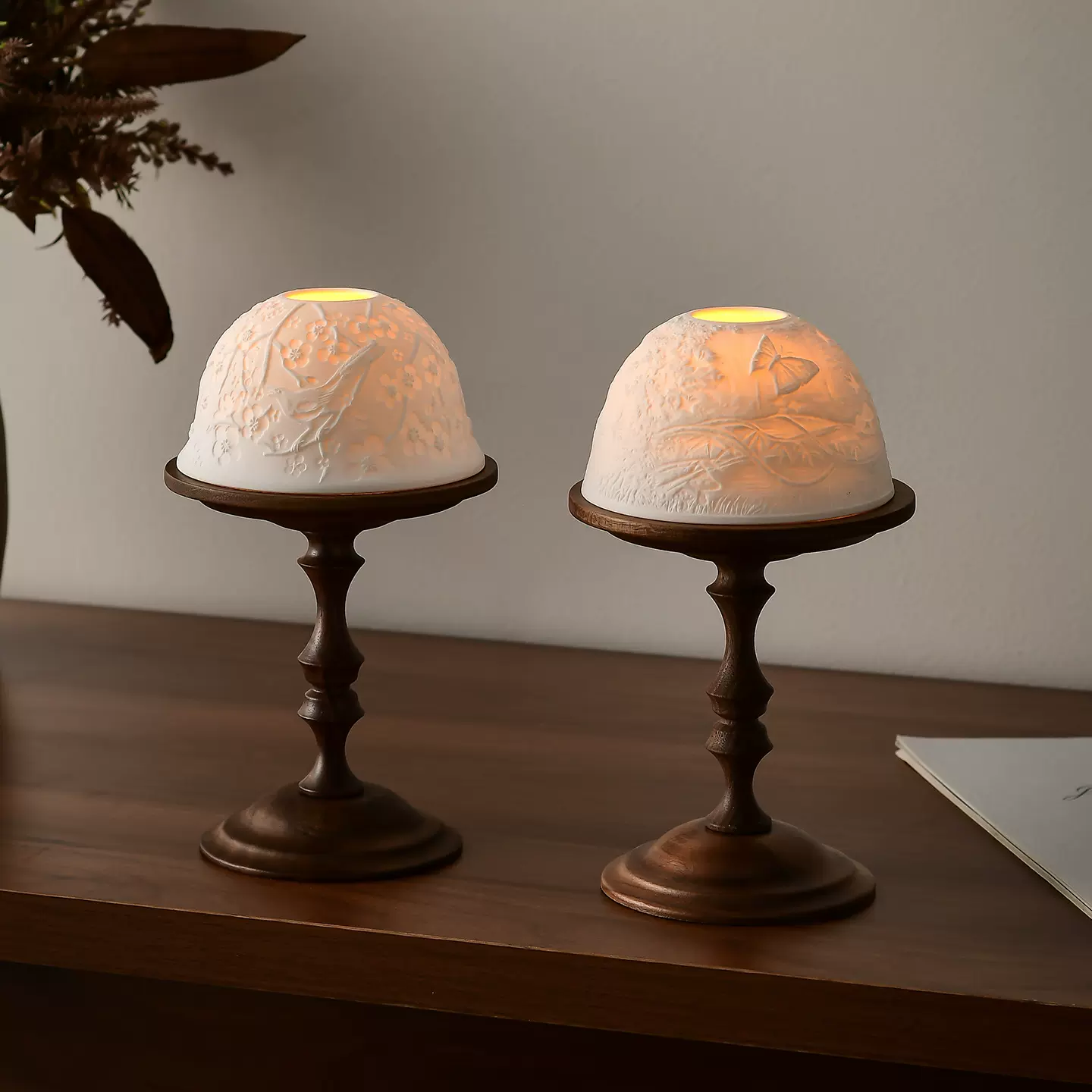 中古风胡桃木烛台带骨瓷通风罩蜡烛台装饰品烛光香薰蜡烛餐桌摆件