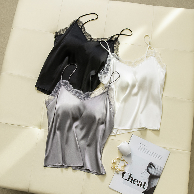 Summer New Style Light Luxury Satin Camisole Women's Lace Edge with Breast Pad Outer Wear Mulberry Silk Inner Bottoming Shirt