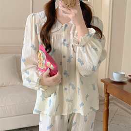 纯棉韩版秋季新款睡衣女套装宽松卡通兔子长袖休闲家居服套装