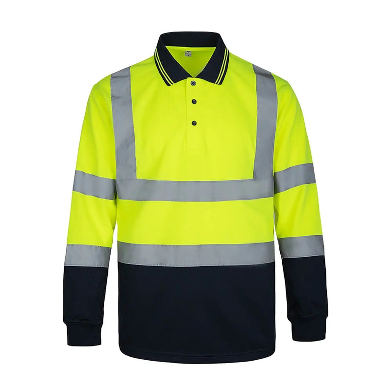 Export High Visibility Bird's Eye Mesh Navy Blue Stitching Long Sleeve Polo Shirt Reflective Clothes Reflective Work Clothes