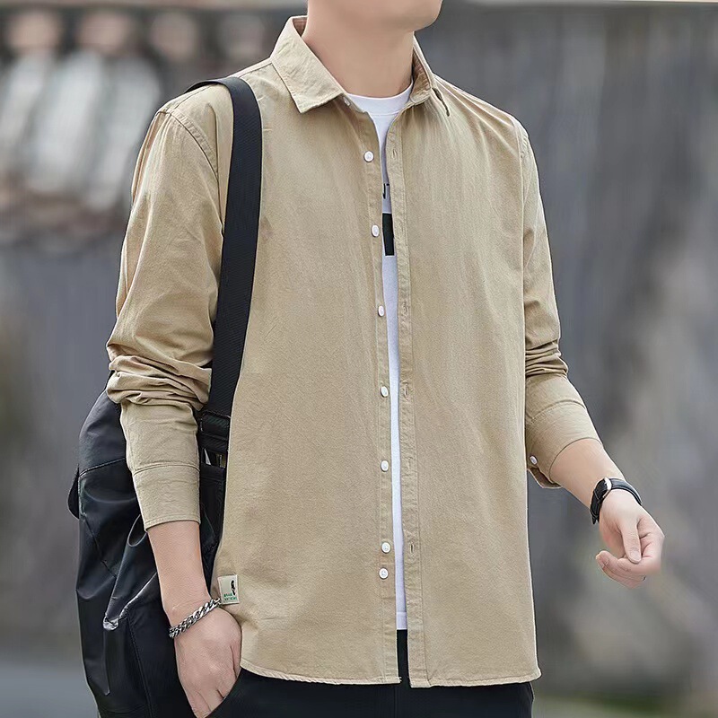 American Style Heavy Cotton Non-ironing Long-sleeved Shirt Men's Hong Kong Style Casual Tooling All Cotton Solid Color Shirt Jacket Loose American Style Heavy Cotton Non-ironing Long-sleeved Shirt Men's Hong Kong Style Casual Tooling All Cotton Solid Color Shirt Jacket Loose