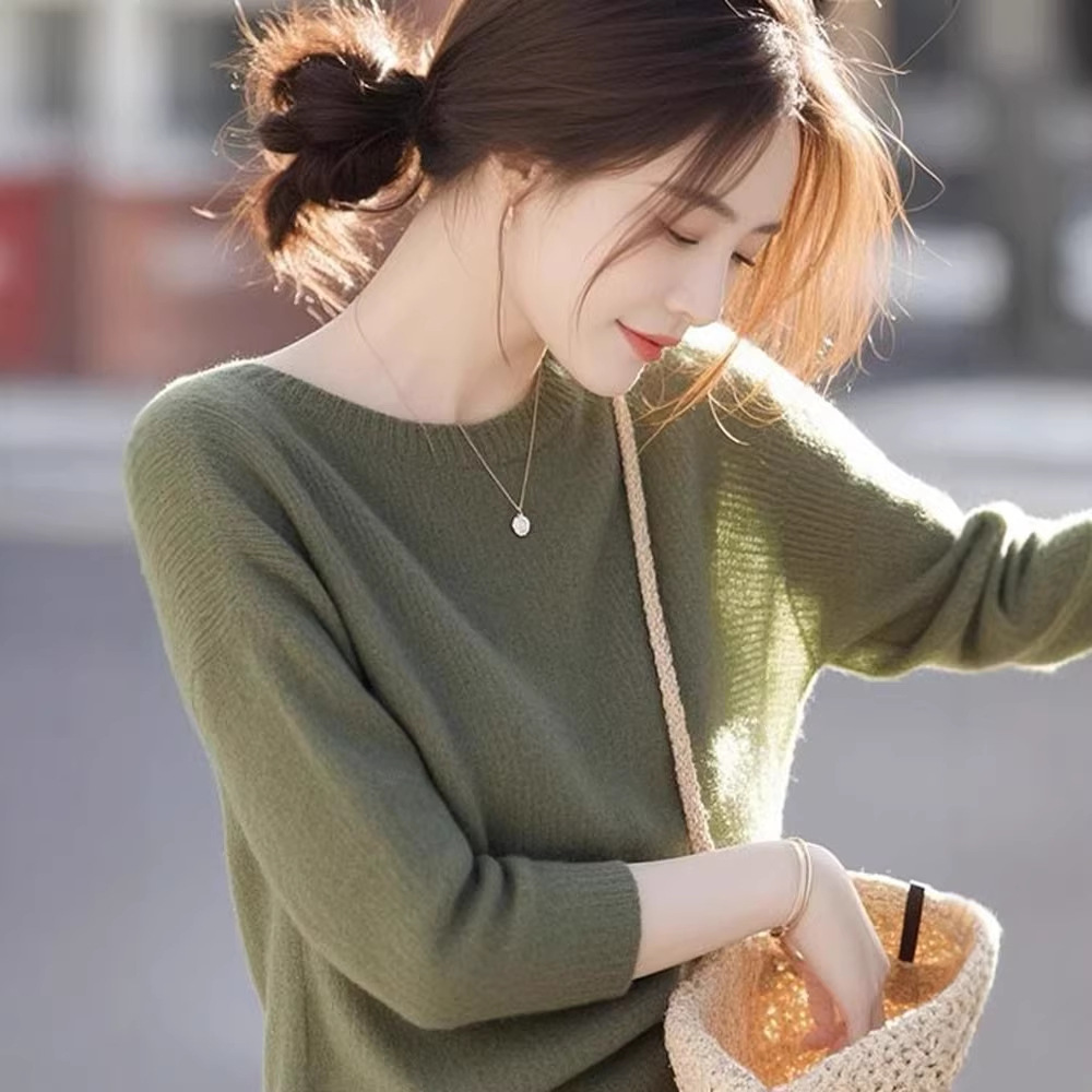 Áo len dệt kim nữ cổ tròn phong cách Hàn Quốc, form rộng, chất liệu mềm mại — Đậu xanh chi tiết 2