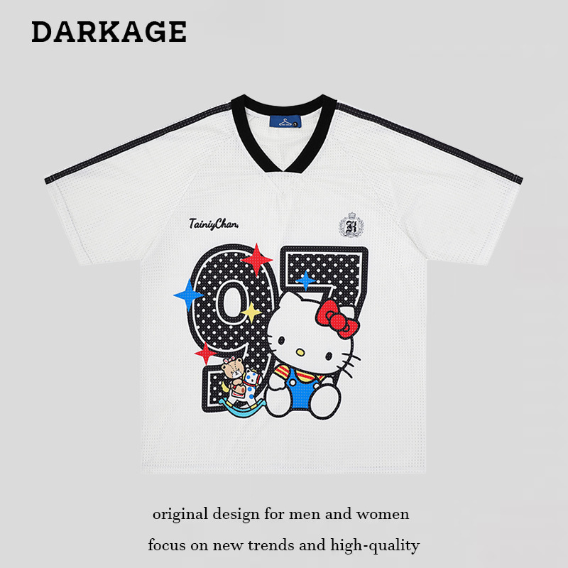 American Retro Sports Style Kitty Print V-Neck Short-Sleeved T-Shirt for Women, Summer Loose and Versatile Casual Half-Sleeved Top American Retro Sports Style Kitty Print V-Neck Short-Sleeved T-Shirt for Women, Summer Loose and Versatile Casual Half-Sleeved Top