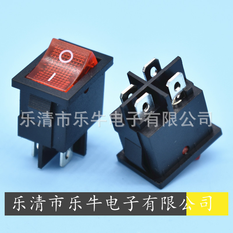 船型开关KCD1-104 15*21mm 4脚2档 带灯翘板开关 4脚带灯电源开关