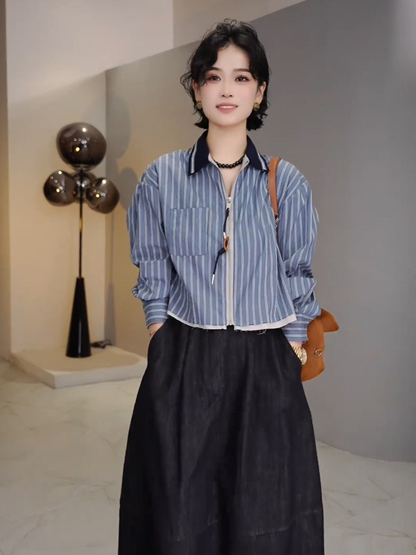 条纹衬衫女短款上衣秋季2025新款宽松百搭高级感小个子衬衣外套|undefined