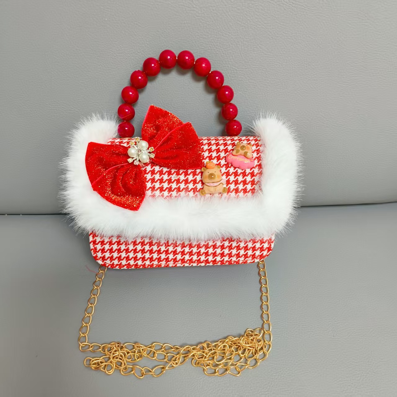 Cartera de Año Nuevo rojo, bolso de perlas, arco de arco, bolso de mano, cadena de viento de fragancia, bolso de hombro pequeño
