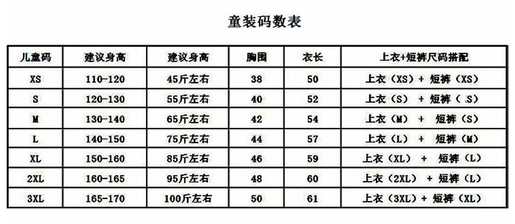 尺码表儿童