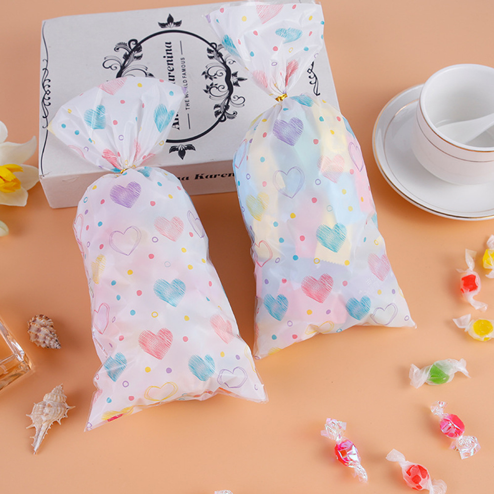 新款50个装情人节糖果opp礼品袋 印花彩色桃心巧克力饼干包装袋