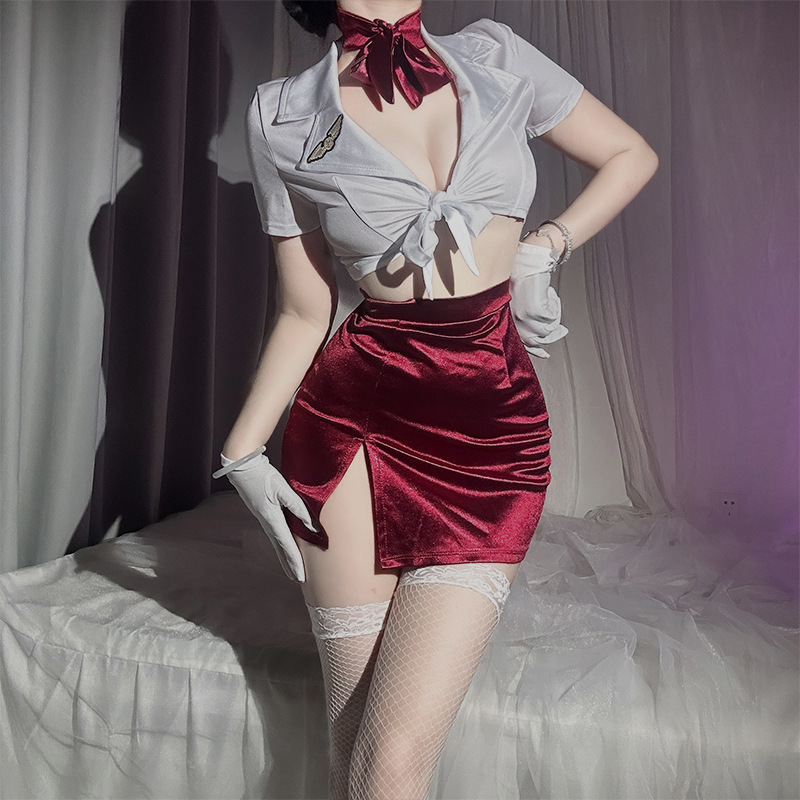 Sexy Lingerie Stewardess Uniform, Feminine and Passionate, Seductive and Pure Desire, Deep V-Neck, No Need to Take Off, Role-Playing Uniform 8064