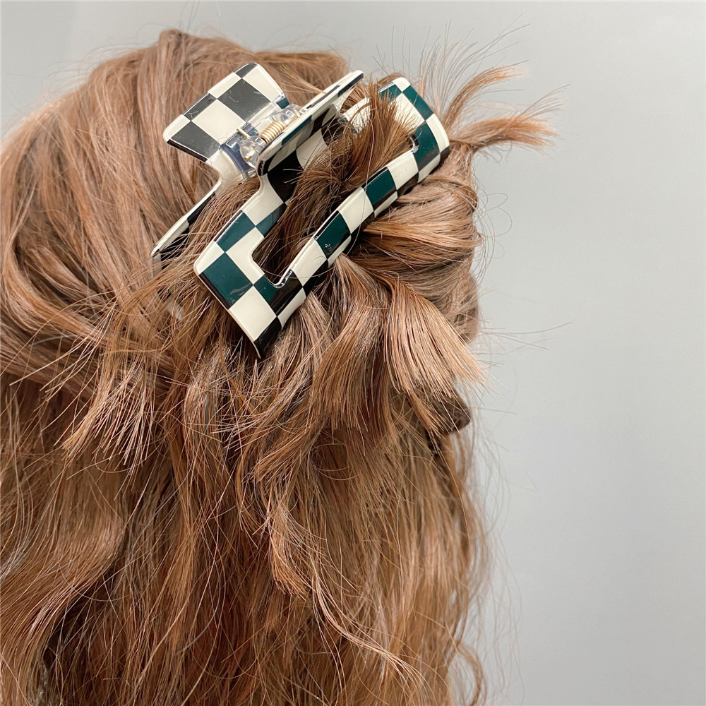 Geometric, Plaid Pattern Fashion Black White Checkerboard Hairpin Large Grab Clip