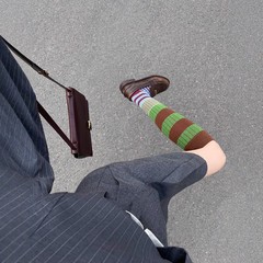 春秋条纹小腿袜子女日系复古撞色显瘦长筒及膝棉袜ins潮绿色袜子