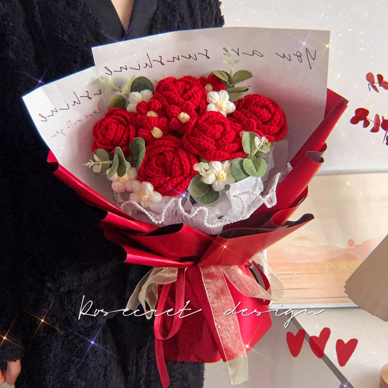 Valentine's Day Creative Birthday Knitted Rose Artificial Flower Wool Finished Product Woven Immortal Flower for Girlfriend and Best Friend