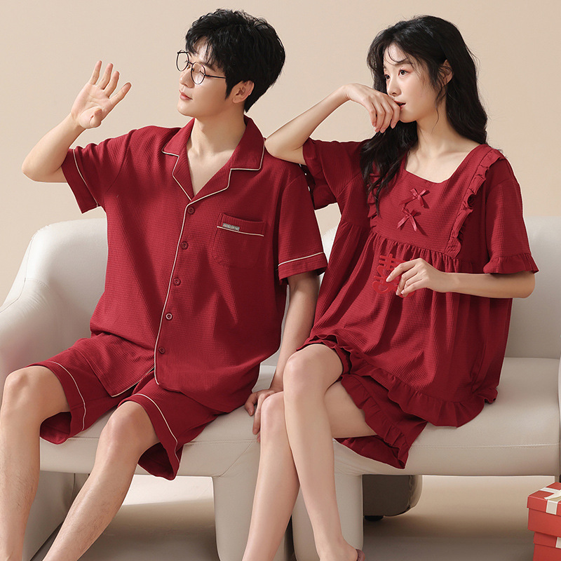 2023 verano nueva pareja pijamas de algodón de manga corta waffle camisón de las mujeres boda roja homewear hombres