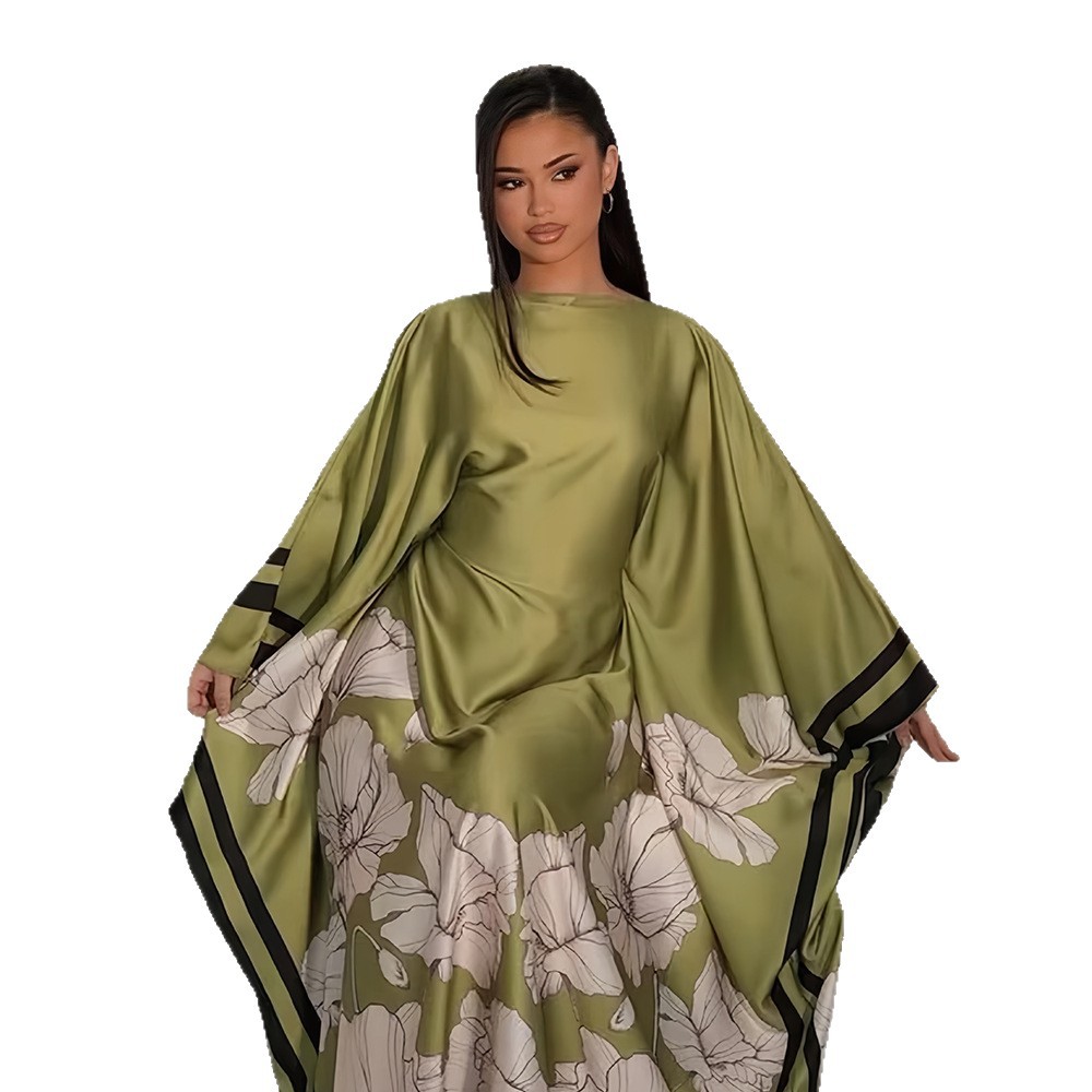 Women's Off-the-Shoulder Satin Dress European American Style Batwing Sleeve Long Gown With Striped Trim Floral Print_ecoleips.com