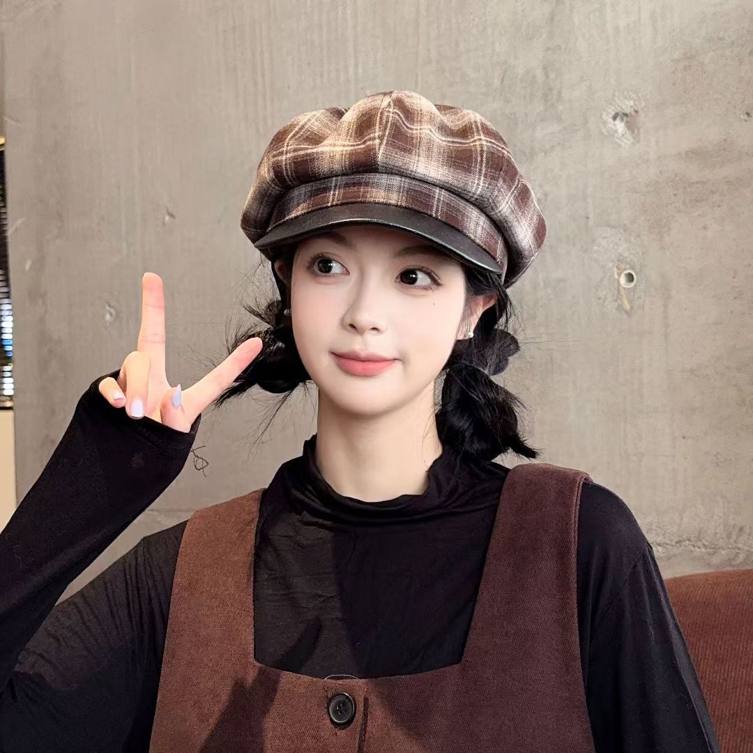 (2개) 한국식 가죽 브림 바느질 격자 무늬 팔각형 모자 여성 여행 베레 가을과 겨울 격자 무늬 레트로 캐주얼 뉴스보이 모자