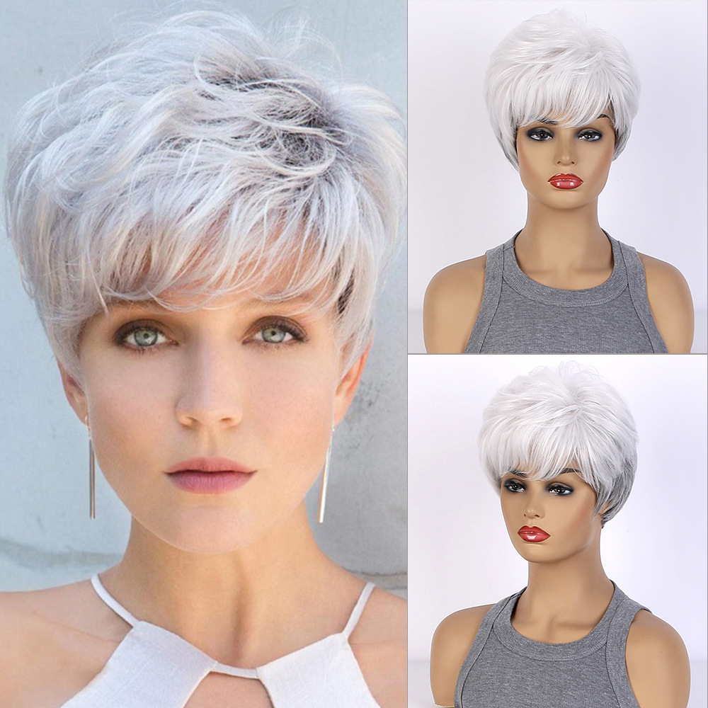 Comercio exterior Amazon AliExpress venta en caliente pelucas damas plata blanca mujer cabello corto inclinado franjas invertidas un cabello