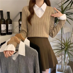 Lapel Stitching Shirt Fake Two-Piece Knitwear Autumn and Winter New Academy-Style Sven-Style Interior Long-Sleeved Top