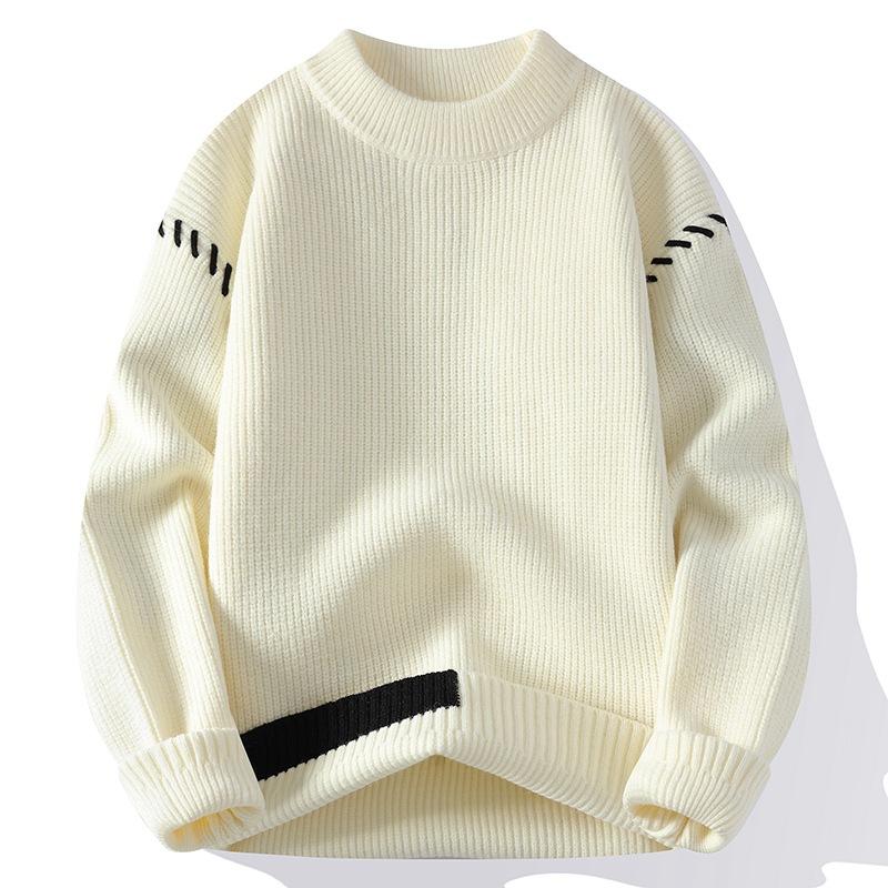 丸襟のセーターの男性の秋冬の新型の厚い保温の頭のゆったりしている青少年の韓国版は色を合わせてニットを打ちます。