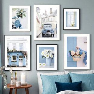 Modern Romantic Blue Floral European Paris Street View Car Bedroom Living Room Canvas Painting Decorative Painting Core Frameless
