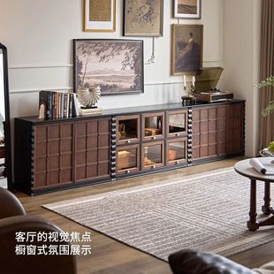 French Mid-Century Style Solid Wood Tv Cabinet Module Combination Chess Cabinet Skeleton Line Retro Storage Floor-Standing Tv Cabinet