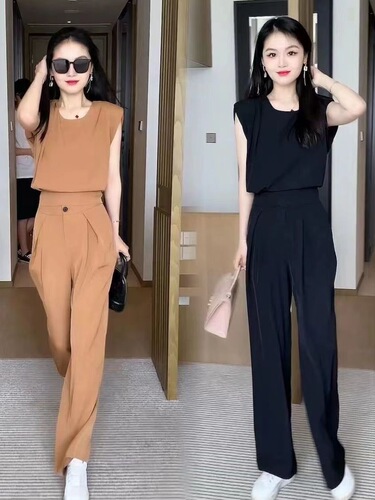 Chic Set for Women 2025 Summer New Trendy Youthful Stylish Loose Hiding Fat Wide Leg Pants Two-Piece Set