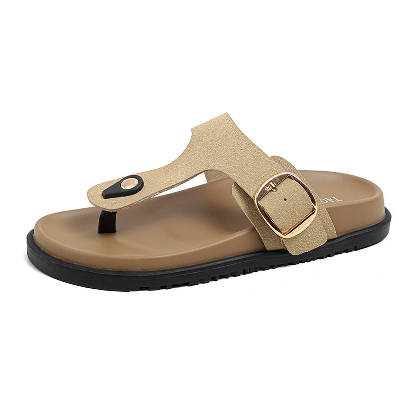 Dép sandal nữ quai ngang kẹp ngón dây bản rộng điều chỉnh khóa vuông đế bằng — Màu Kaki mặt nhung, Màu trắng sữa vân vải, Màu đen mặt nhung
