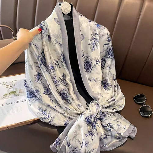 brocade silk scarf for women's all-matching spring and autumn satin scarf sunscreen shawl long beach towel thin gauze scarf seaside