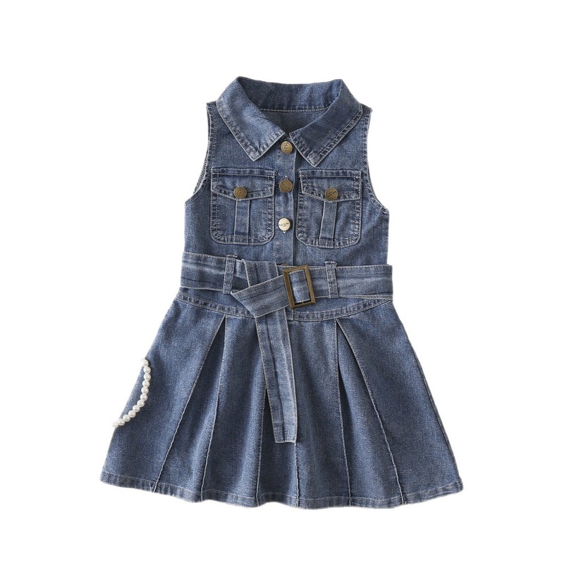 6602女の子ノースリーブデニムスカート夏の新型韓国版子供襟折りウエストベストワンピースベルト|undefined