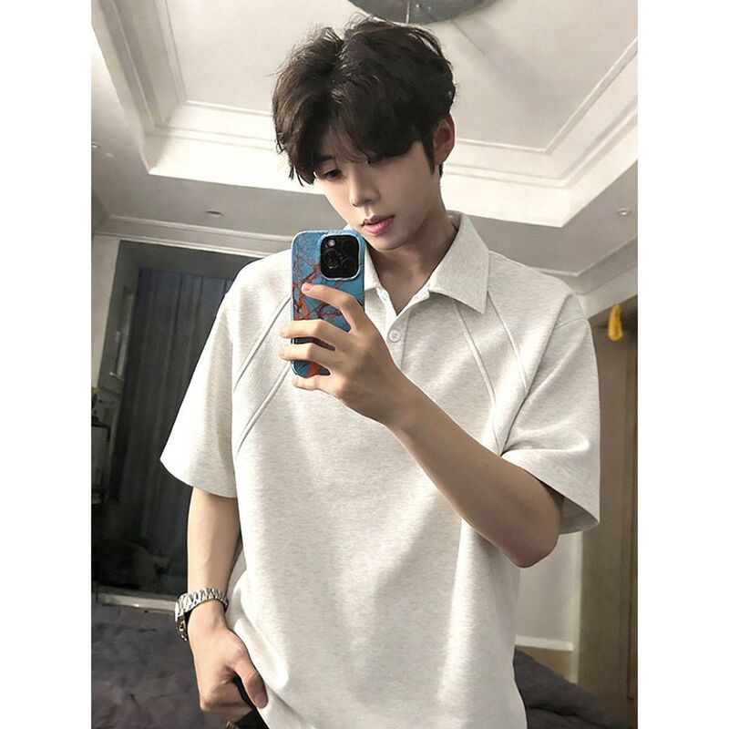 Wholesale heavy-duty stiff polo shirt, short-sleeved men's summer high-end style, collared patchwork T-shirt, regular shoulder, American style half-sleeve Wholesale heavy-duty stiff polo shirt, short-sleeved men's summer high-end style, collared patchwork T-shirt, regular shoulder, American style half-sleeve