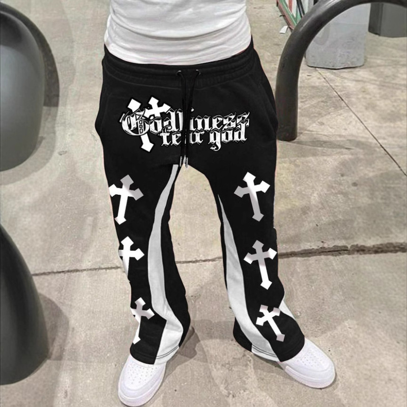 Retro American Cross-Border Autumn and Winter Harajuku Casual Street Style Cross Print Pattern Pants for Men and Women