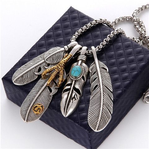 Jay Chou-Style Korean and Japanese Feather Couple Necklaces for Men and Women, Hip-Hop Eagle Claw Leaf Sweater Pendant, Cool Titanium Steel