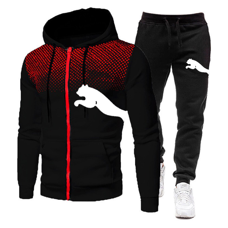 Foreign trade pum men's casual sports suit, zip-up jacket, trendy polka dot running hoodie two-piece set Foreign trade pum men's casual sports suit, zip-up jacket, trendy polka dot running hoodie two-piece set