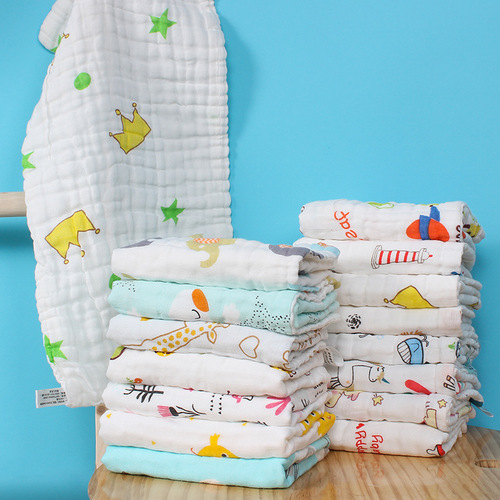 25*50 pure cotton 6 six-layer gauze children's towel cartoon printed towel children's baby face wash towel daily wholesale