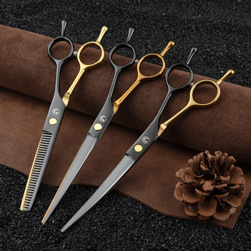Pet grooming scissors set with 7-inch straight and curved scissors, suitable for dogs like Terriers and Poodles.