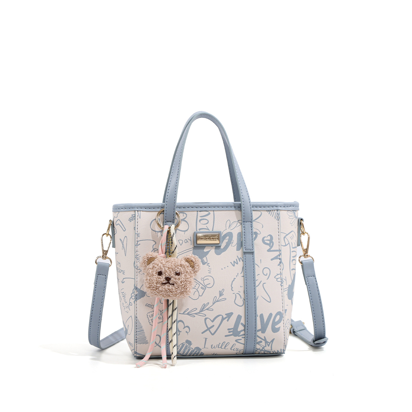 2025手提菜篮子蓝色涂鸦设计高级感菜篮子包休闲时尚通勤斜跨包