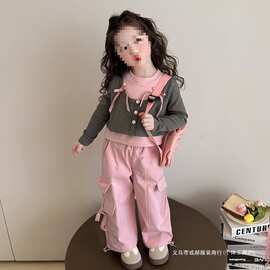 女童春秋款工装套装2026新款洋气时髦儿童蝴蝶结宝宝春季春装运动