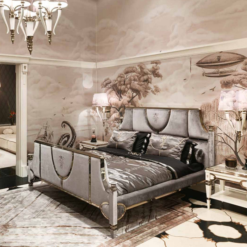 Italian luxury brand Visionnaire 1.8-meter golden fabric bed, villa-style upholstered bed in gray&mdash;perfect for newlyweds.
