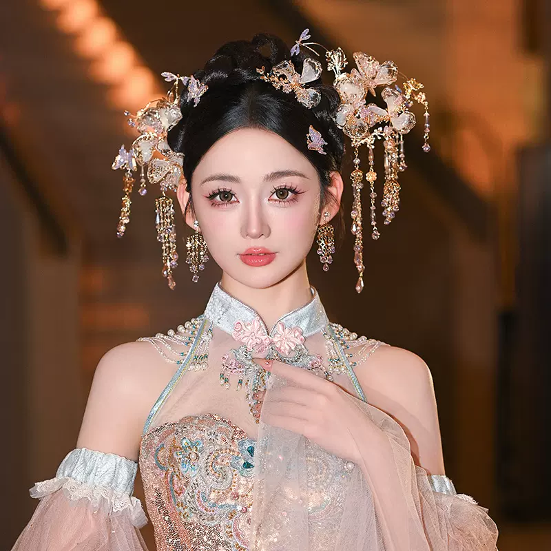 新娘头饰唯美减龄透明花朵流苏发簪影楼造型秀禾龙凤褂发饰品新款