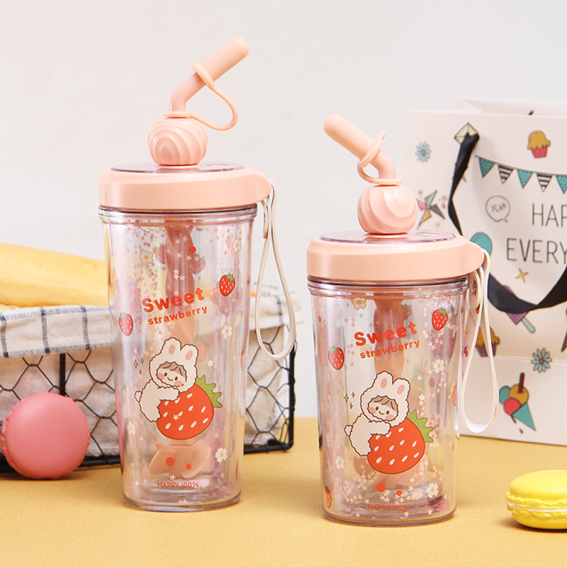 Creative Double-layer Cartoon Summer Water Cup Students Handy Portable Couple Gel Stirring Plastic Cup