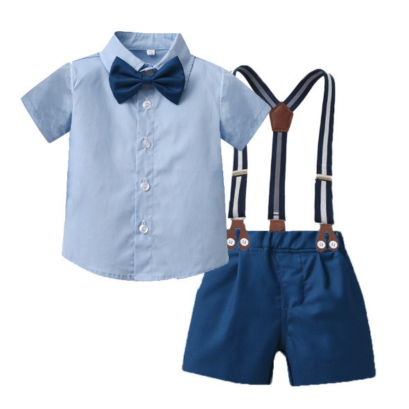 Comercio exterior ropa infantil de verano cardigán de manga corta correa de caballero pantalones cortos de dos piezas con vestido de espectáculo de flores de aniversario ropa infantil