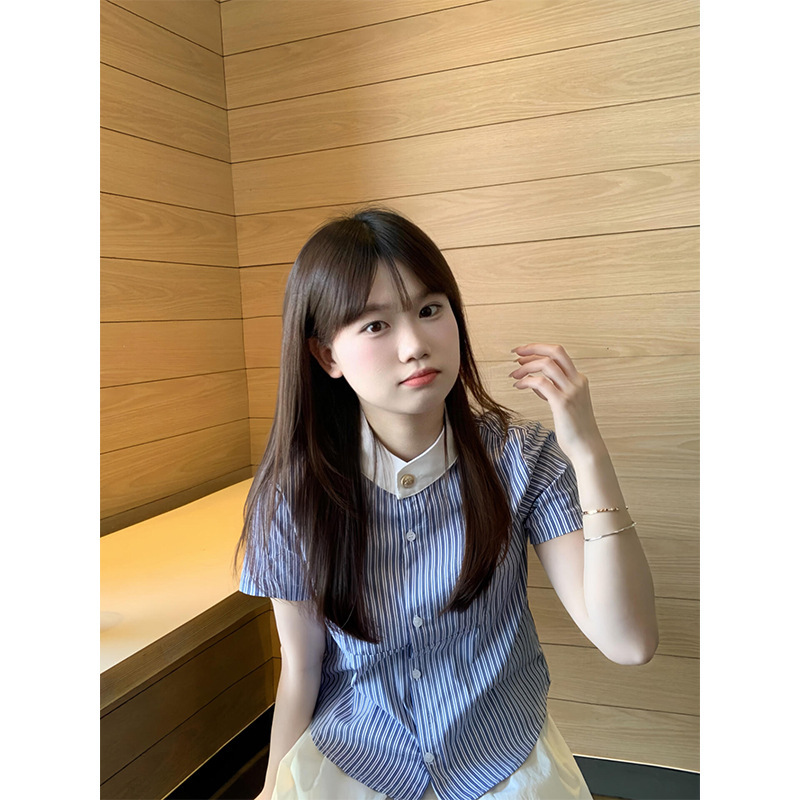 韩系学院风刺绣蓝色条纹短袖衬衫女夏季百搭显瘦小众设计衬衣上衣|undefined