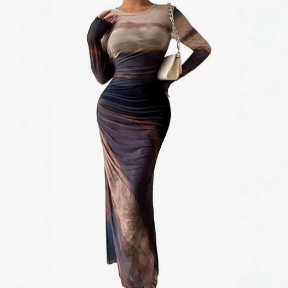 European and American Cross-Border Foreign Trade Women's Long-Sleeved Ultra-Long Tight-Fitting Dress with Tie-Dye Pleats and Elegant Design European and American Cross-Border Foreign Trade Women's Long-Sleeved Ultra-Long Tight-Fitting Dress with Tie-Dye Pleats and Elegant Design