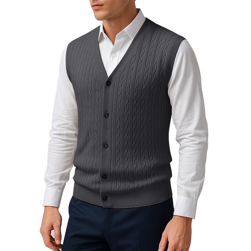 New Cross-Border Foreign Trade Men's V-Neck Cardigan Knitted Vest European and American Fashion Twisted Pattern Sleeveless Sweater Vest